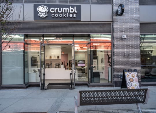 Front entrance to Crumble Cookies at Boston Landing, Allston MA