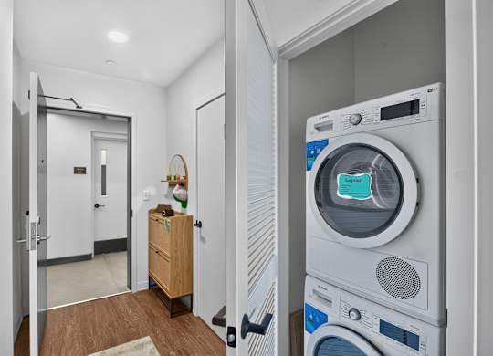 A washing machine and dryer in an apartment at The Indie in Allston.