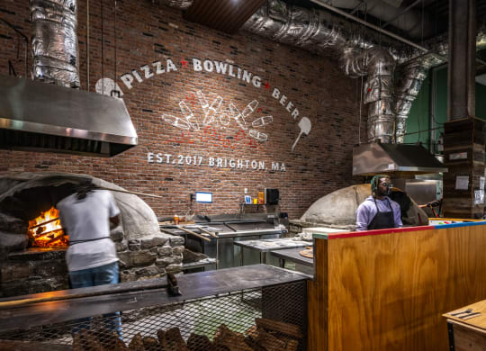 Brick oven pizza making at Boston Landing, Allston MA