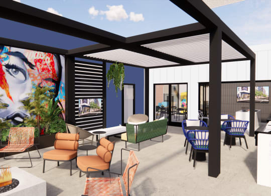 a rendering of the sky deck with chairs and a fire pit