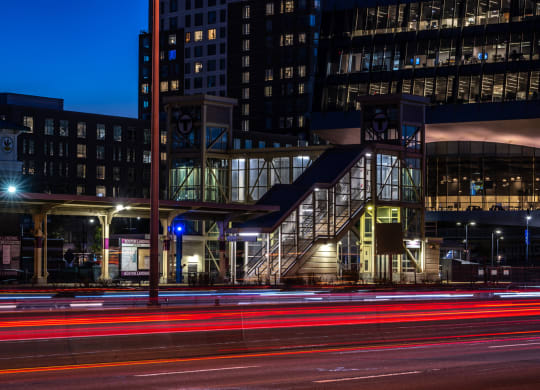 A view of Boston Landing commuter rail stop lit up at night