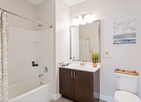 a bathroom with a shower sink and toilet and a mirror at The Tannery, Connecticut, 06033