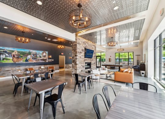 the clubhouse with polished concrete floors and a mural at The Tannery, Glastonbury, Connecticut