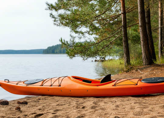 An orange kayak is on the shore of a lake.