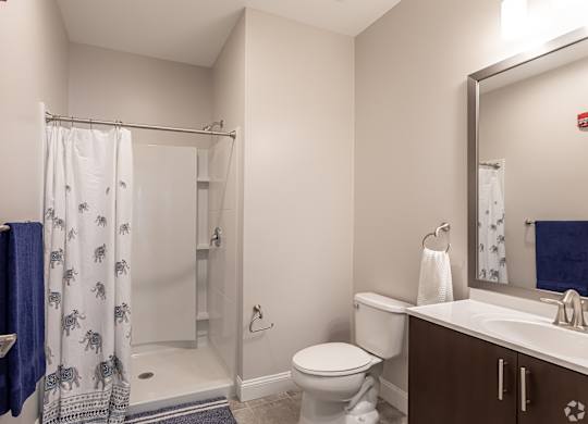 A bathroom with a toilet, sink, and shower.
