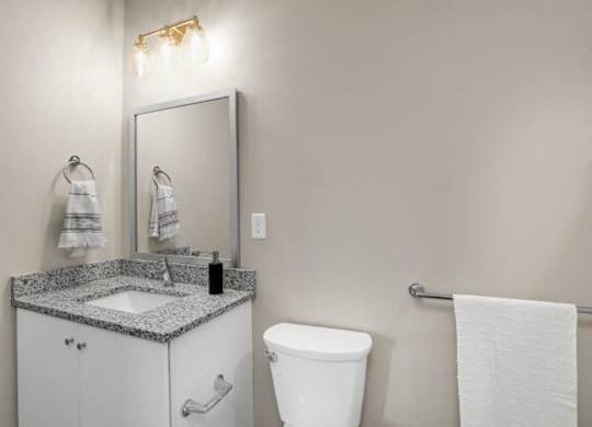 a bathroom with a sink toilet and a mirror