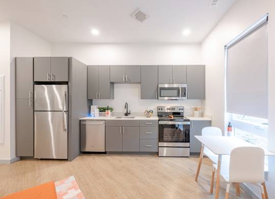 A modern kitchen with stainless steel appliances at Seacoast Residences Apartments, Maine, 03904