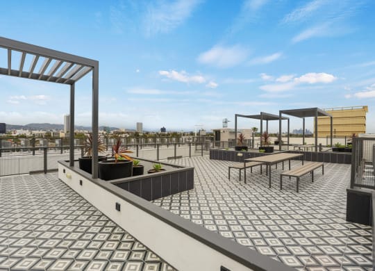 a view of the rooftop terrace of the apartment, architecture, building, condominium at The Fairfax Flats Apartments, Los Angeles, CA