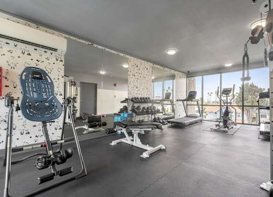 A spacious gym with a variety of equipment including a leg press machine at Lafayette Apartments, Los Angeles, CA, 90019