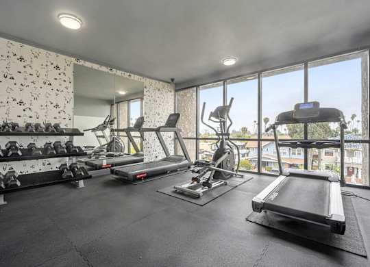 A well-equipped gym with a treadmill, weights, and exercise machines at Lafayette Apartments, California