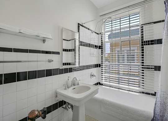 Bathroom with sink at The Langham Apartments, Los Angeles, California