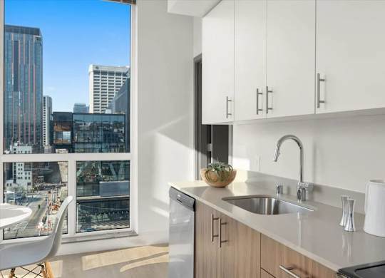 A modern kitchen with a view of the cityscape outside the window.
