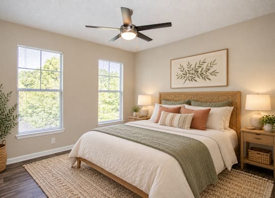A bedroom with a large bed and a ceiling fan.