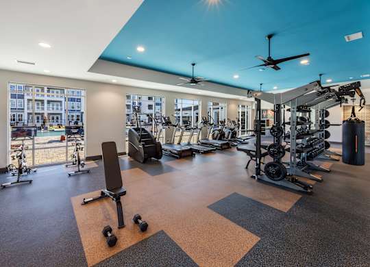A gym with a variety of equipment including weights and cardio machines.