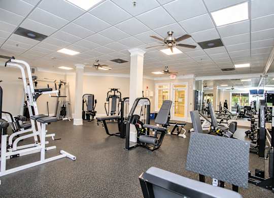 A spacious gym with a variety of equipment.