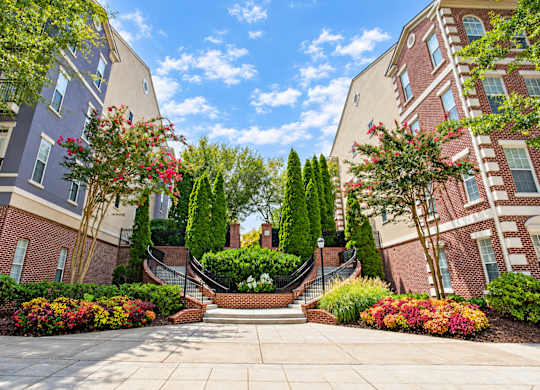 A beautifully landscaped courtyard with a variety of plants and flowers.