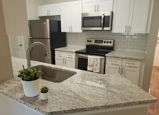 Renovated kitchen with granite at The Orleans of Decatur, Decatur