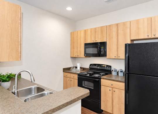 A kitchen with black appliances and wooden cabinets.