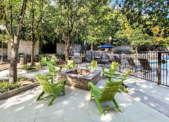 A patio with a fire pit and chairs.