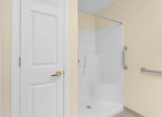 a bathroom with a shower and a white door