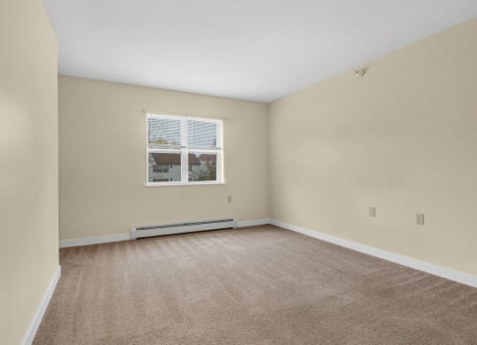 an empty living room with carpet and a window