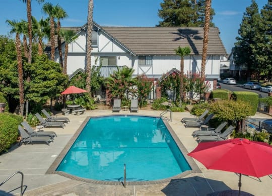 Aerial View Of Pool at Oxford Park Apartments, Fresno, California