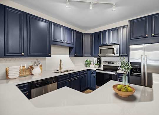 A modern kitchen with dark blue cabinets and stainless steel appliances.