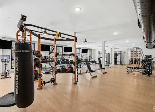 A gym with a punching bag hanging from the ceiling.