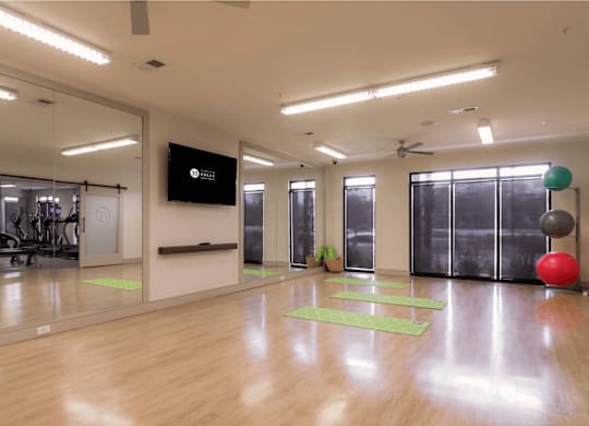 A gym with a mirror, exercise balls, and yoga mats.