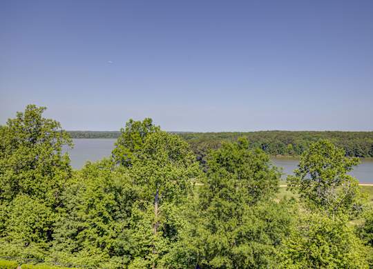 A lake surrounded by green trees under a clear blue sky.