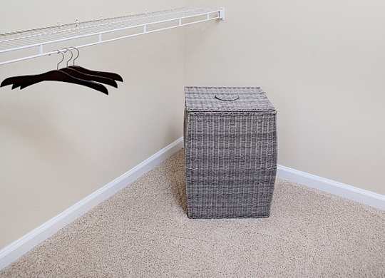 A room with a hanger and a box on the floor.