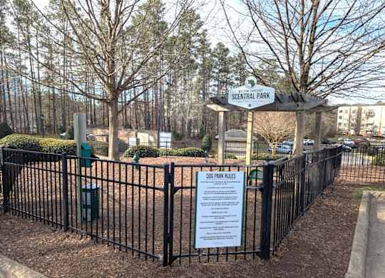 A sign in front of a fence that says Dog Park Rules.