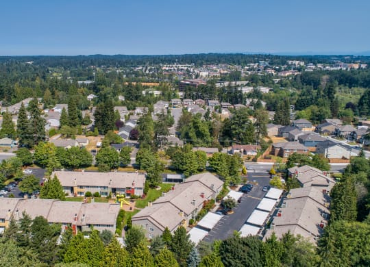 an aerial view of a neighborhood with houses and trees at Quartz Creek, Mountlake Terrace, WA, 98043