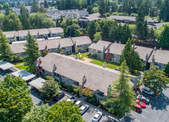 a view from the sky of a group of buildings and trees at Quartz Creek, Washington, 98043