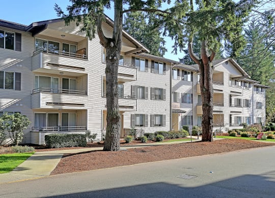 a street view of an apartment building with trees  at Townside Flats, Redmond, 98052