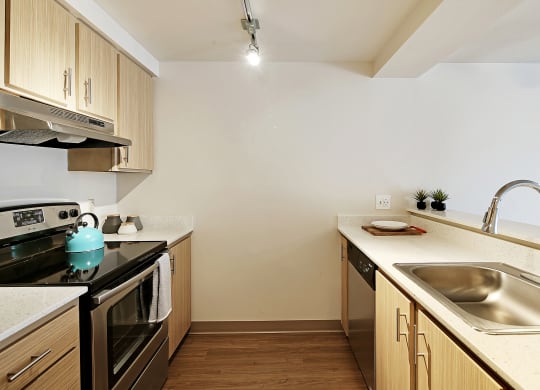 a kitchen with wooden cabinets and a sink and a stove  at Townside Flats, Redmond, 98052