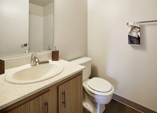 an empty bathroom with a toilet sink and mirror  at Townside Flats, Redmond, Washington