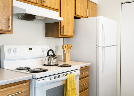 The corner of the kitchen with a white oven, stove top, hood range, and full-size fridge. Staged with a tea kettle, wooden spoons, and a hand towel.at Clearwater, Post Falls