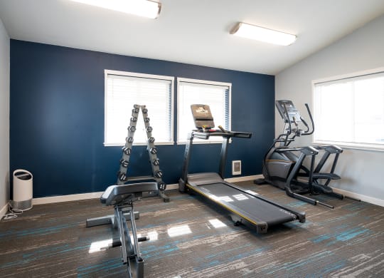 Fitness center with white walls and one dark blue accent wall. An elliptical machine, treadmill and stand with free weights and weight bench are visible..at North Pointe, Idaho
