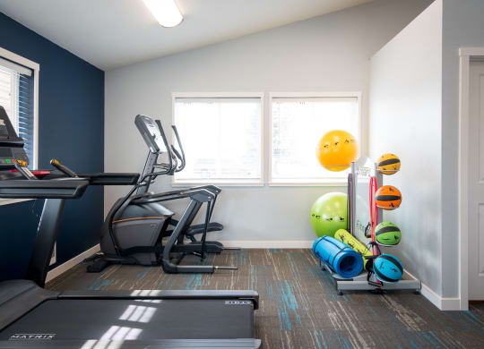 Fitness center with white walls and one dark blue accent wall. An elliptical machine, treadmill and stand with exercise balls and yoga mats are visible.at North Pointe, Post Falls