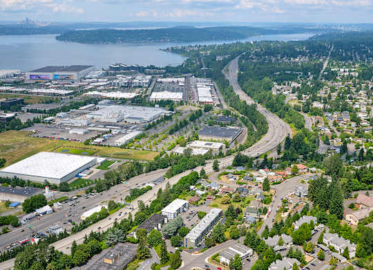 Birds-eye view of the surrounding area, including Seattle and Lake Washington.