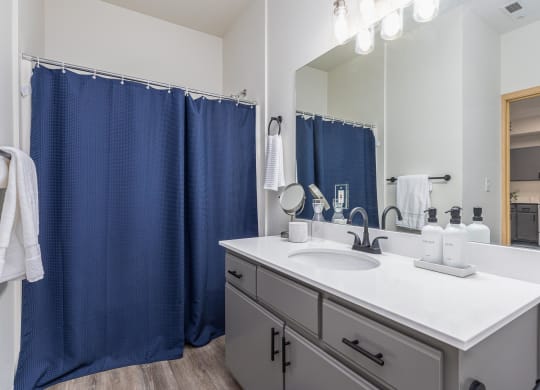 a bathroom with a blue shower curtain and a white sink  at Shoreline Village, Richland, 99352