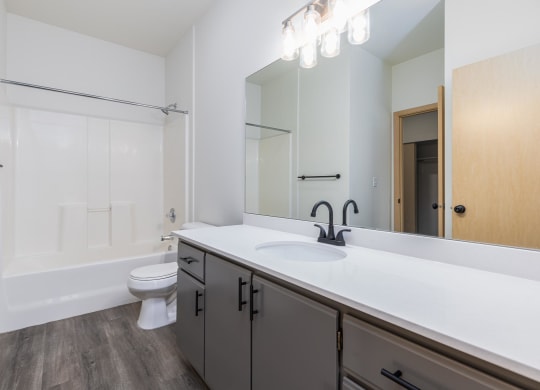 a bathroom with a sink and a toilet and a mirror  at Shoreline Village, Richland, WA, 99352