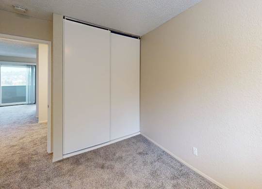 Second bedroom at Peak 88 Apartments in Renton WA with a large closet, bright natural light, and comfortable carpeting.