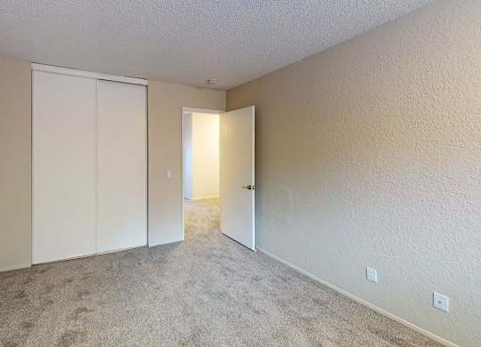 Two-bedroom apartment at Peak 88 Apartments Renton WA with cozy carpet flooring and white sliding closet doors.