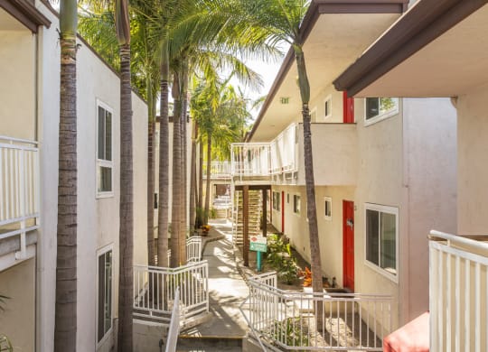 Pacific Sands walkway with tropical landscaping at Pacific Sands, San Diego, CA, 92117