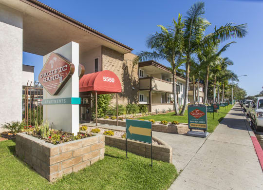 Pacific Sands entrance with tropical landscaping at Pacific Sands, San Diego, CA, 92117