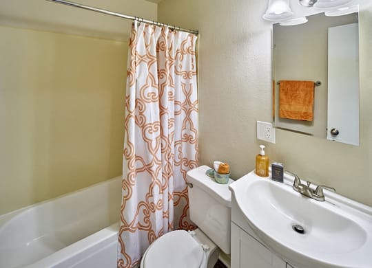 a bathroom with a shower curtain and a sink and a toilet  at Woodhaven, Everett, Washington