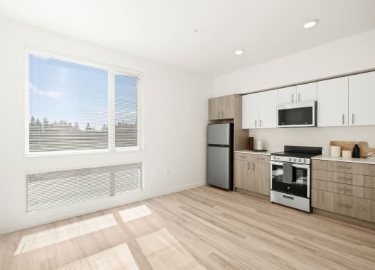 a kitchen with a stove refrigerator and a window at The Duo, Washington, 98466