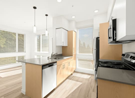 a kitchen with an island and a stove and a window at The Duo, Washington